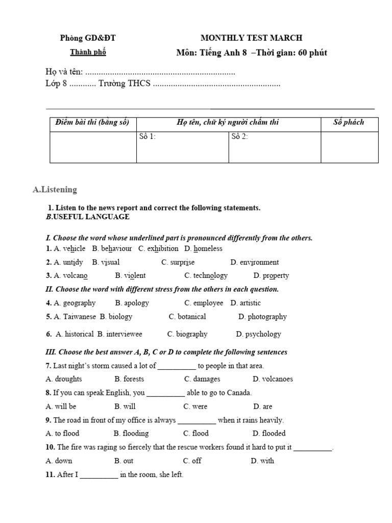 March English Test for Grade 8 | PDF | Earth Sciences
