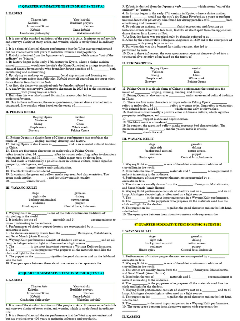 4th quarter summative test in music 8 download free pdf mask puppetry