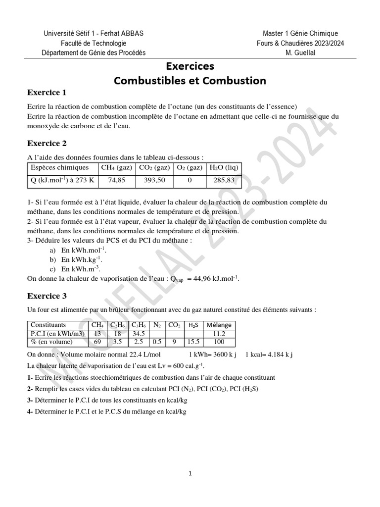 Exercices sur Combustibles et Combustion | PDF | La combustion ...