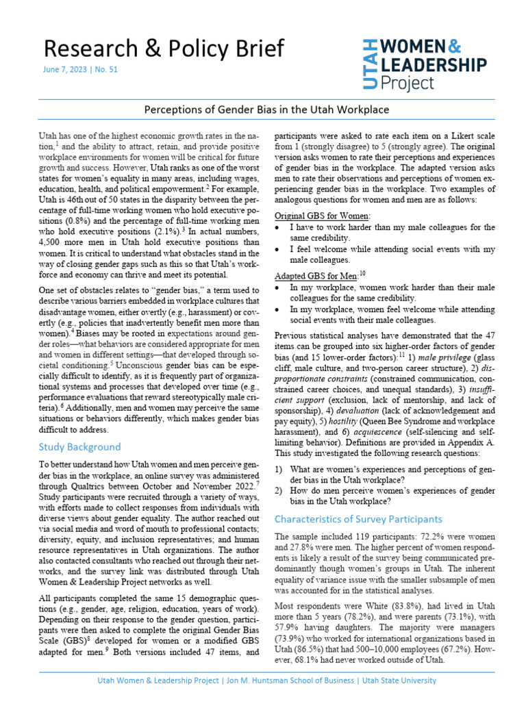 Gender Bias Perceptions in Utah Workplaces | PDF | Survey Methodology ...