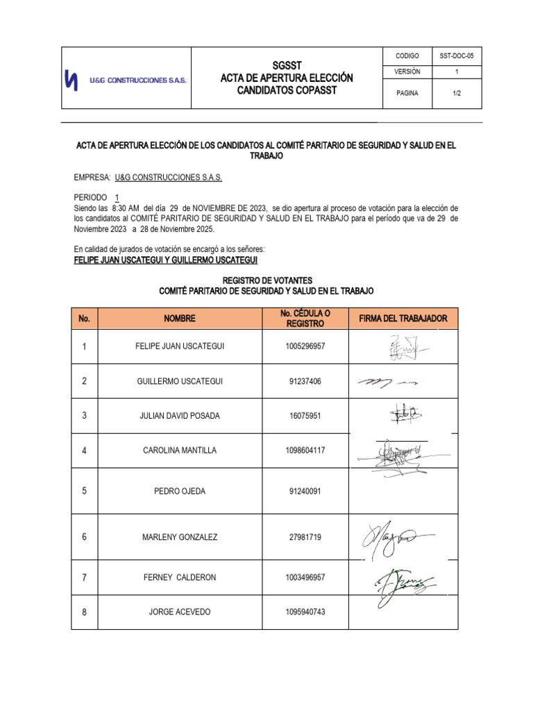 Acta de Apertura Elección COPASST 2023 | PDF
