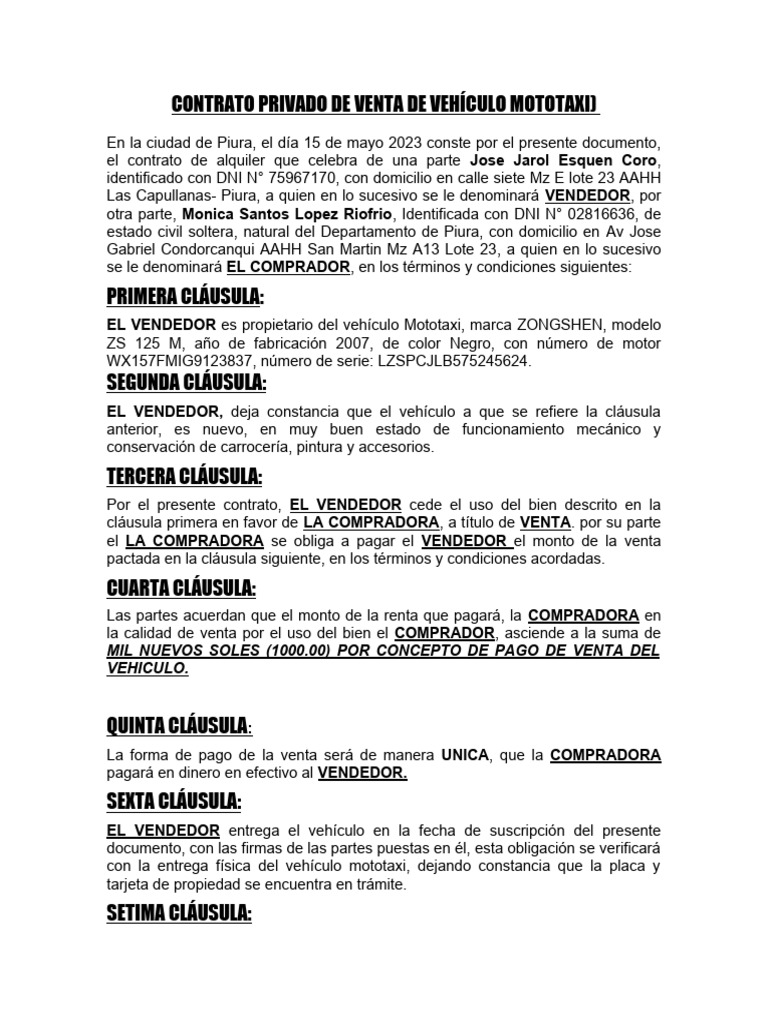 Contrato de Venta de Mototaxi en Piura | PDF | Negocios | Finanzas y dinero
