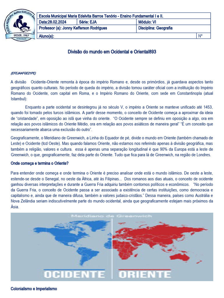 Divisão Ocidente-Oriente e Colonialismo | PDF | Colonialismo | Mundo ...