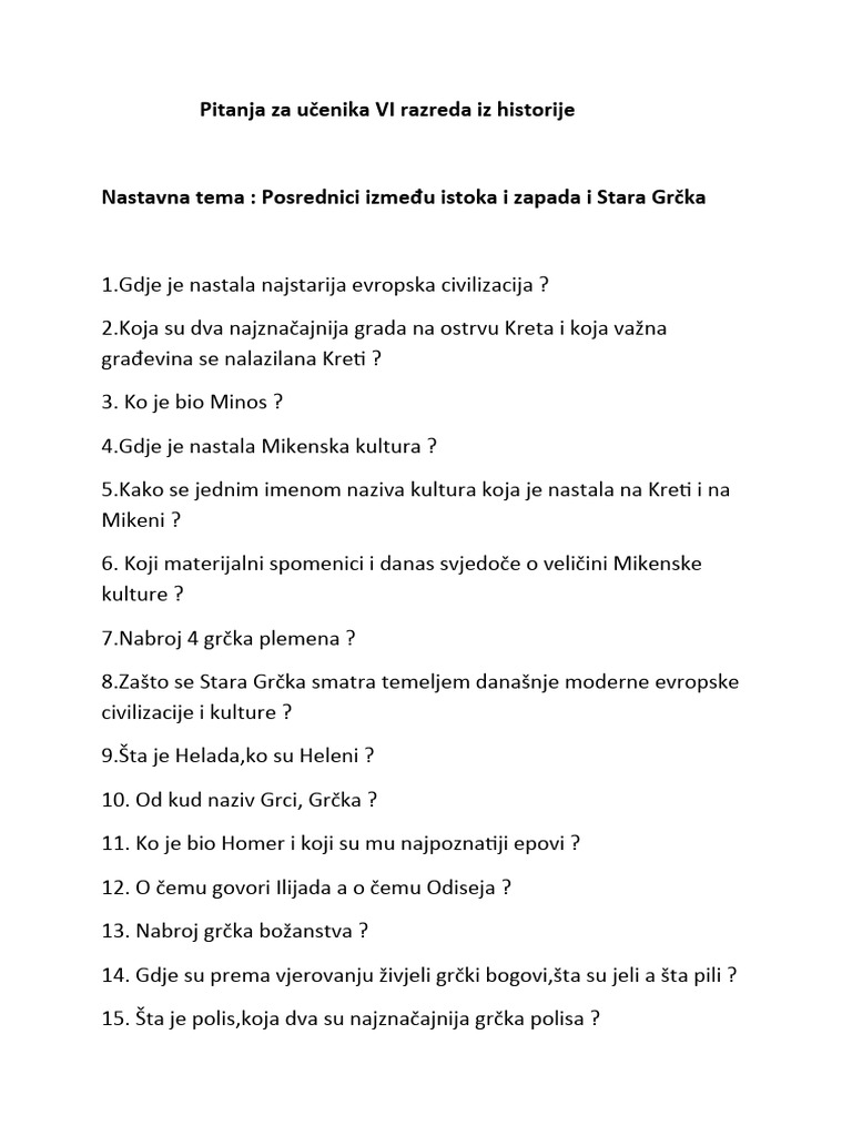 Pitanja Za Učenika VI Razreda Iz Historije | PDF