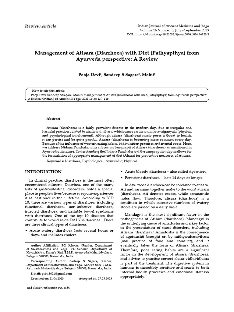Management of Atisara (Diarrhoea) With Diet (Pathyapthya) From Ayurveda