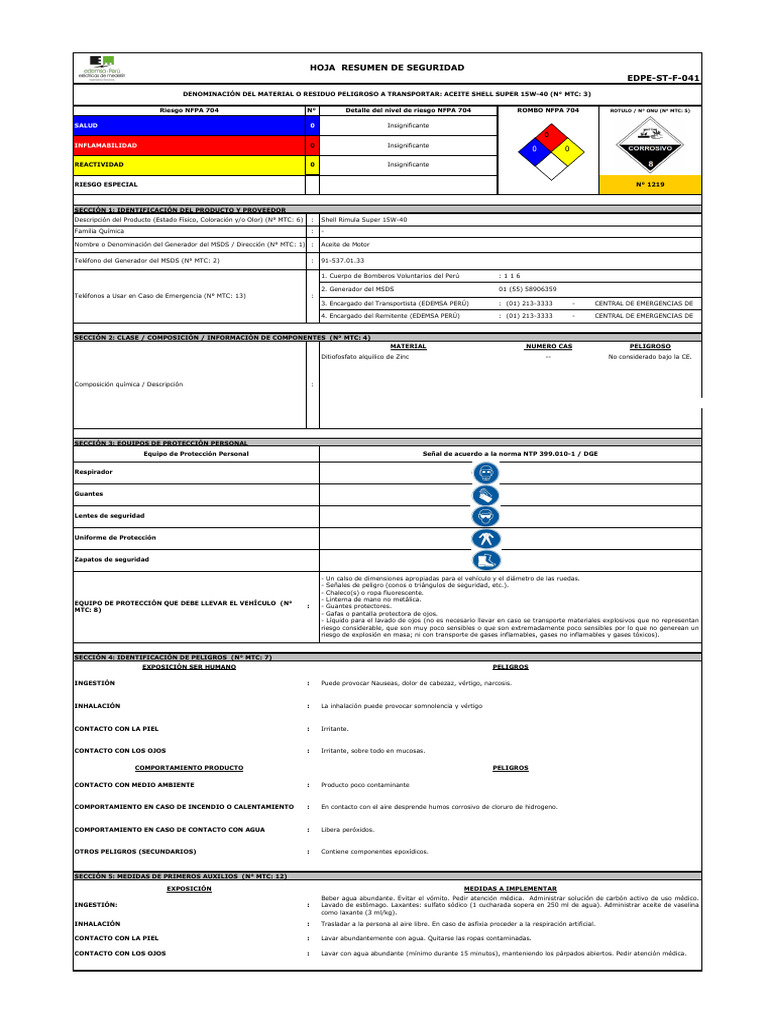 Hoja de Seguridad Aceite Shell 15W-40 | PDF | Agua | Residuos