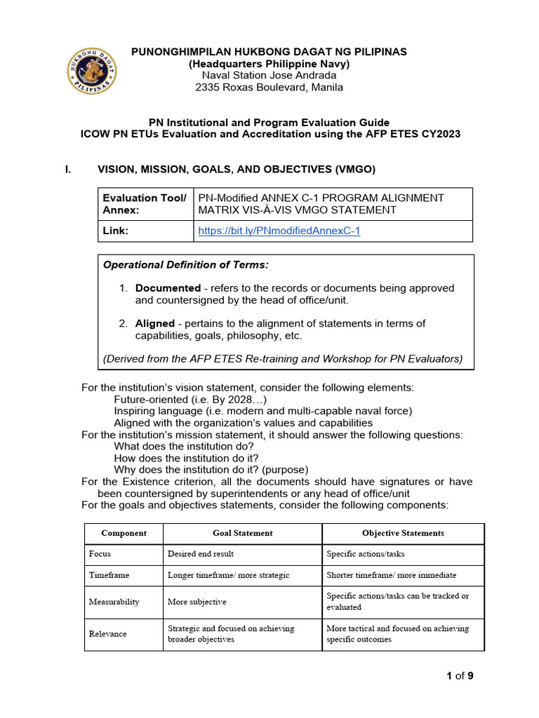 Philippine Navy Evaluation Guide | PDF | Goal | Evaluation