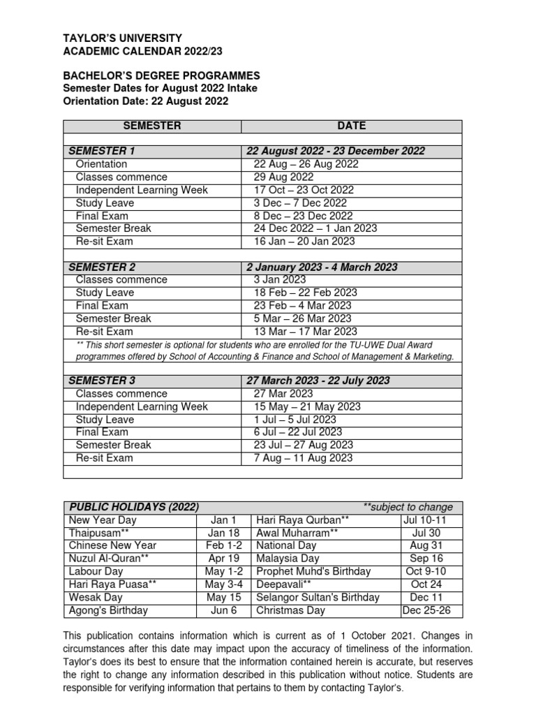 Taylor's University Academic Calendar 2022/23 | PDF | Academic Term | Academia