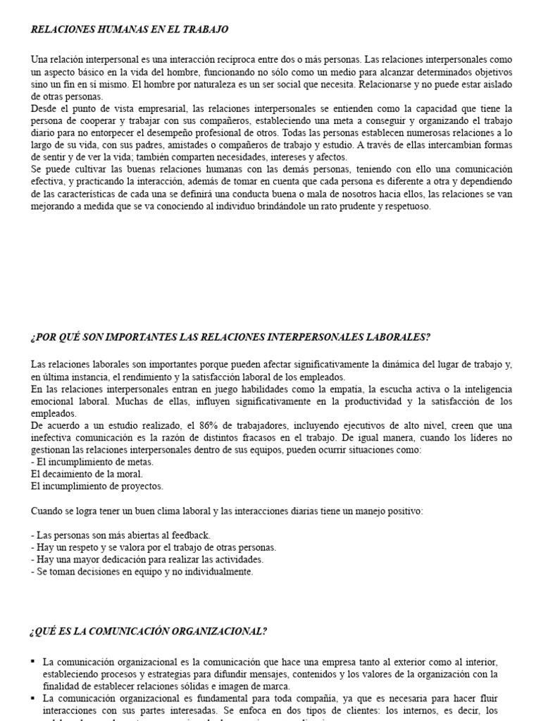 Relaciones Humanas en El Trabajo | PDF | Comunicación | Relaciones ...