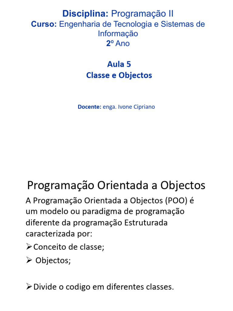 Programacao II Aula 5 POO - Introducao | PDF | Classe (programação de ...