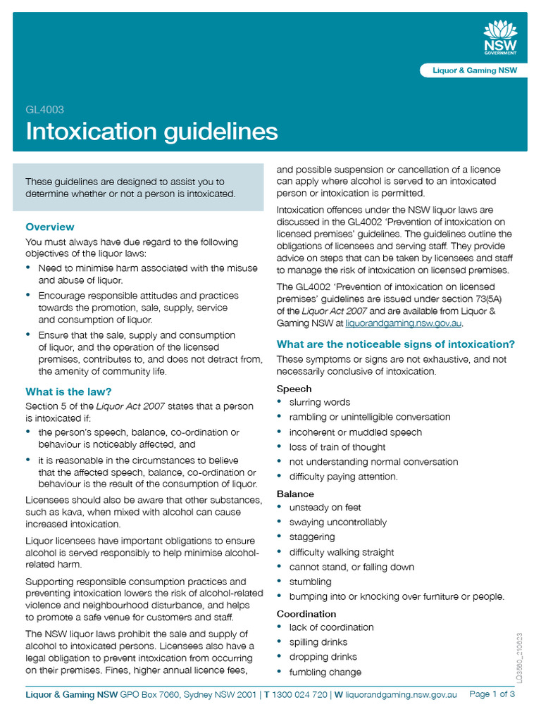 NSW Intoxication Guidelines for Licensees | PDF | Alcohol Intoxication ...