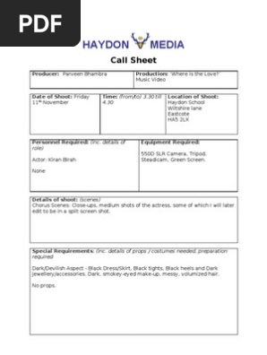 Call Sheet 1