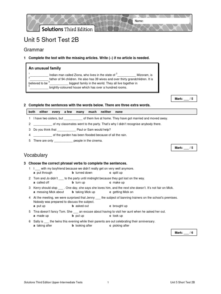 Unit 5 Short Test 2B Solutions | PDF | Linguistics | Grammar