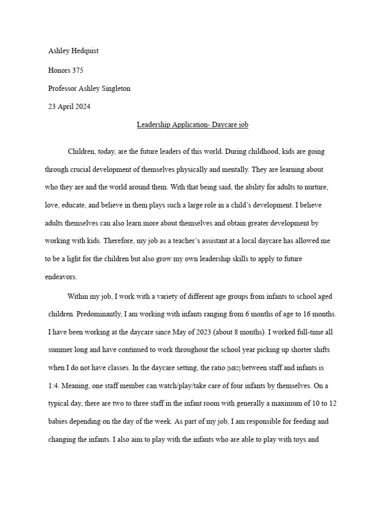 Leadership Skills Gained from Daycare Job | PDF | Child Care | Infants