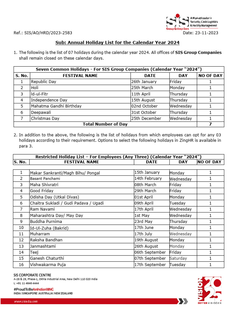 Office Order_Annual Holiday List for the Calendar Year 2024 for SIS