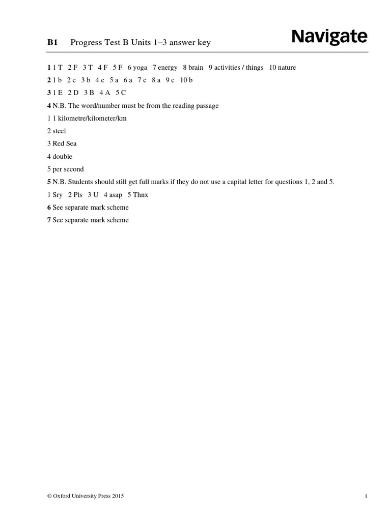 B1 Progress Test Answer Key | PDF | Linguistics