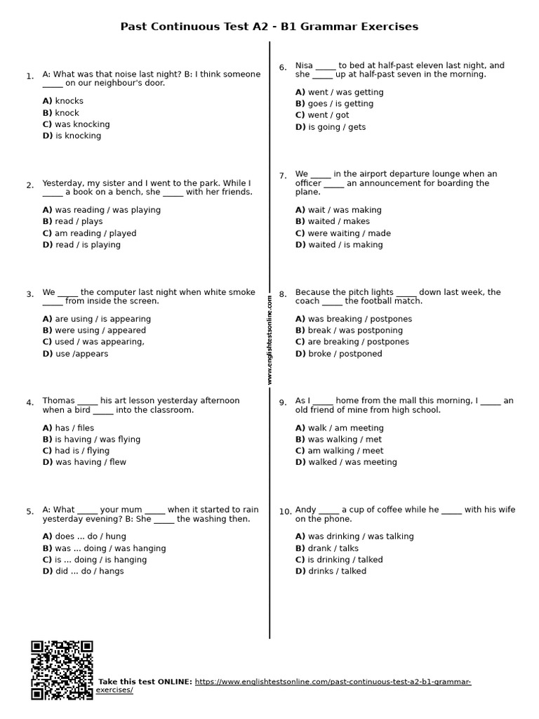 466 Past Continuous Test A2 b1 Grammar Exercises PDF