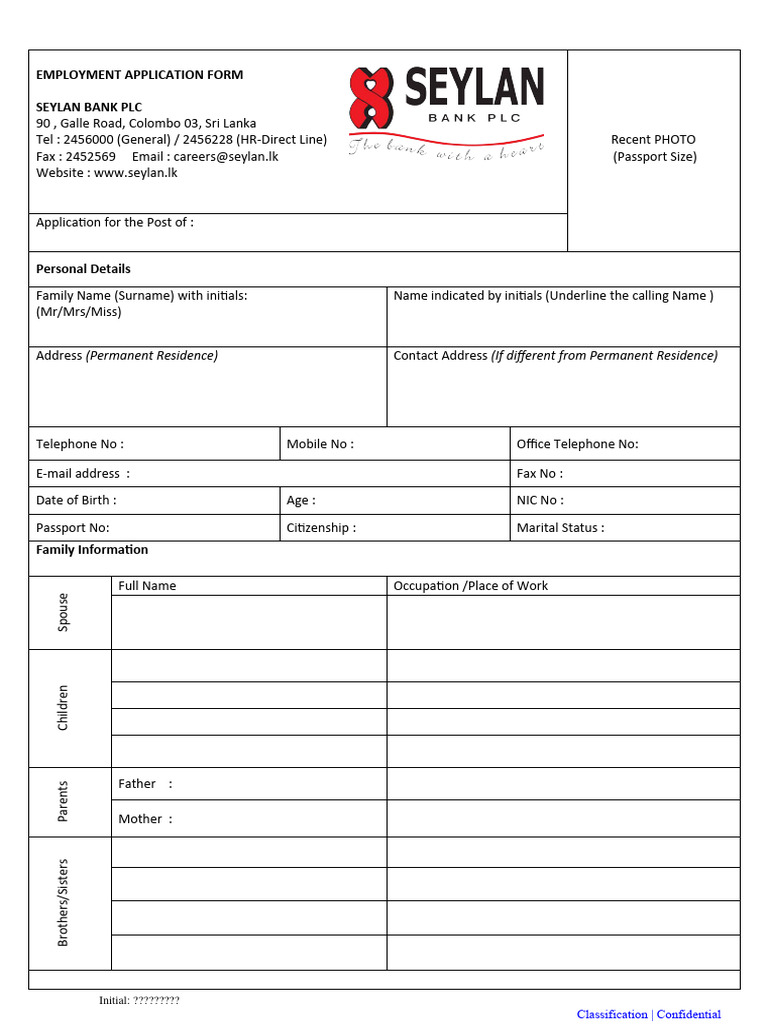 Seylan Bank Employment Application Form | PDF | Employment