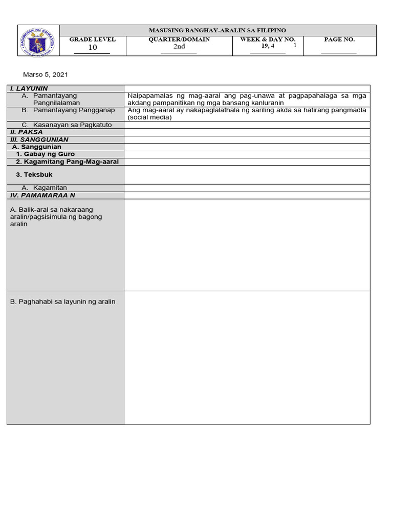 Lesson PlanCO1 TULA 1 | PDF