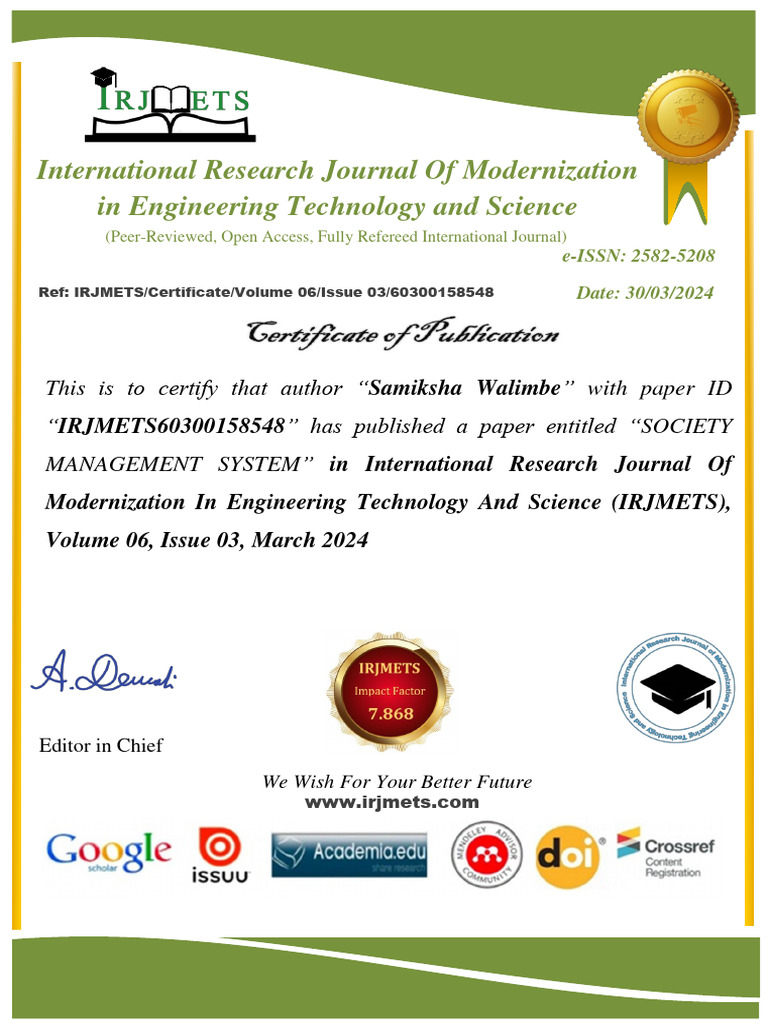 Society Management System Publication Certificate | PDF | Computers ...