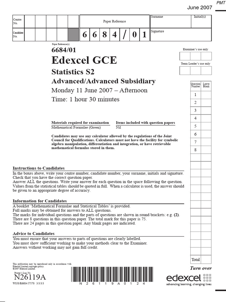 June 2007 QP - S2 Edexcel | PDF | Probability Distribution | Mathematics