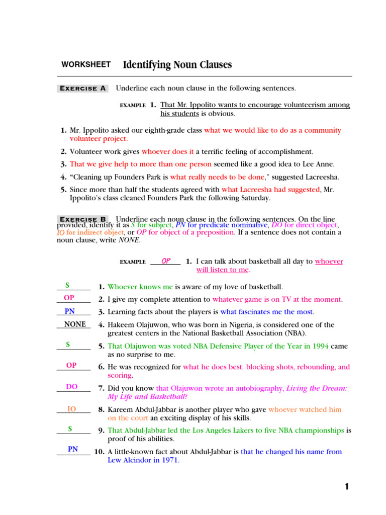 Noun Clause Identification Worksheet | PDF | Sports & Recreation
