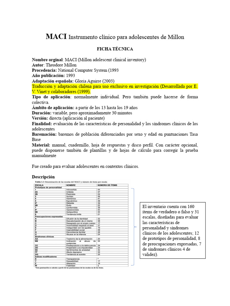 Ficha Técnica del MACI para Adolescentes | PDF | Informática