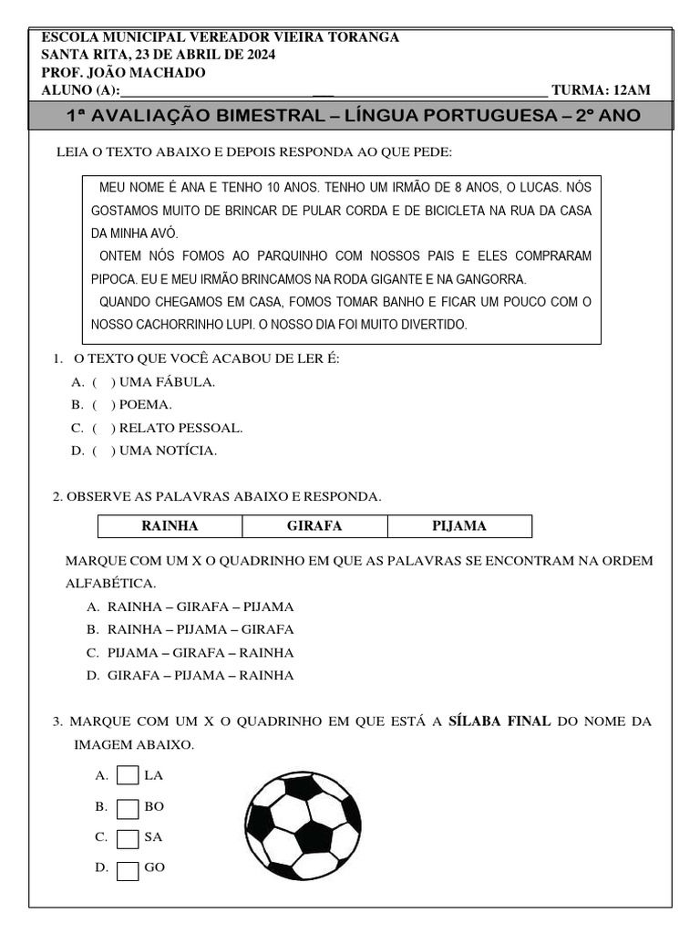 Prova LP - 2º Ano | PDF | Artes Linguísticas e Disciplina