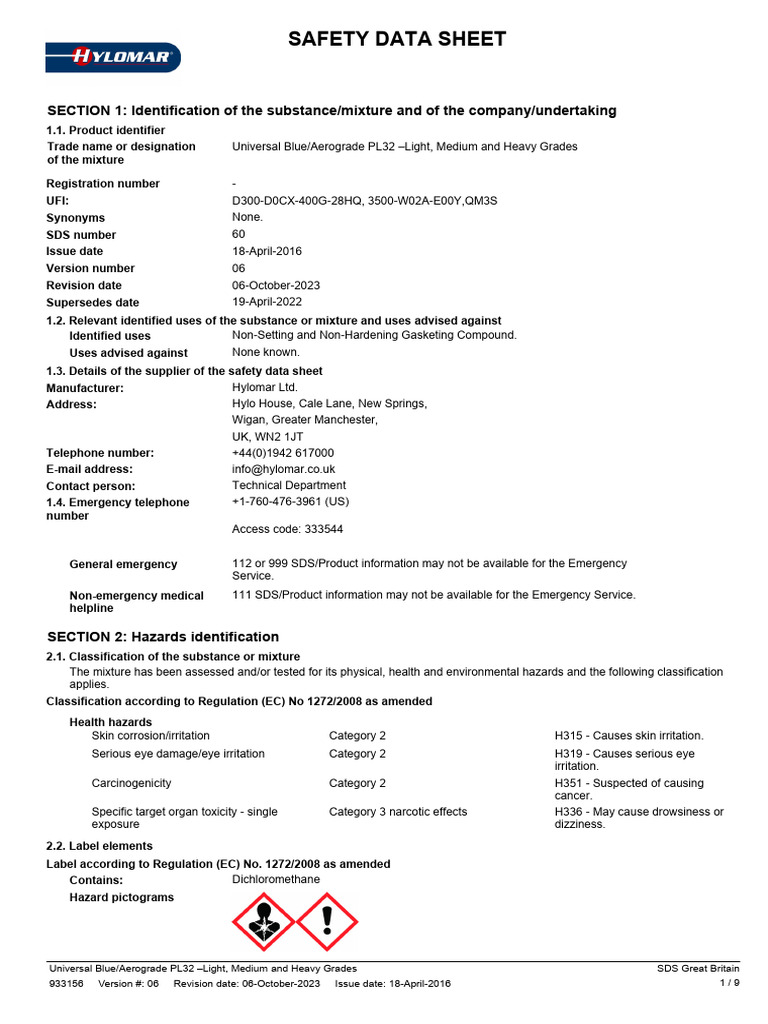 Hylomar Aerograde PL32 Safety Data Sheet | PDF | Toxicity | Personal ...