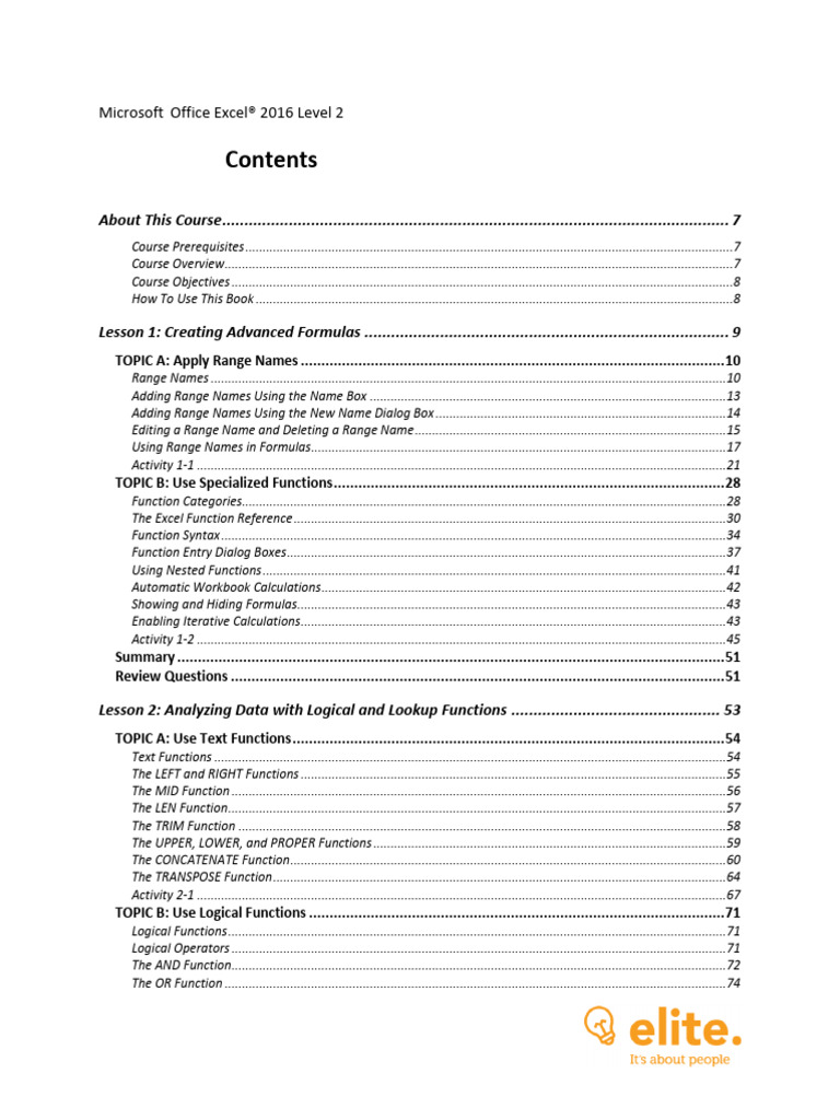 Microsoft Excel 2016 Level 2 PDF Microsoft Excel Worksheet