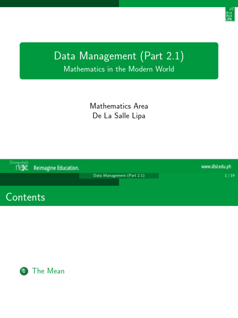 Data Management - Part 2.1 | PDF | Mean | Arithmetic Mean