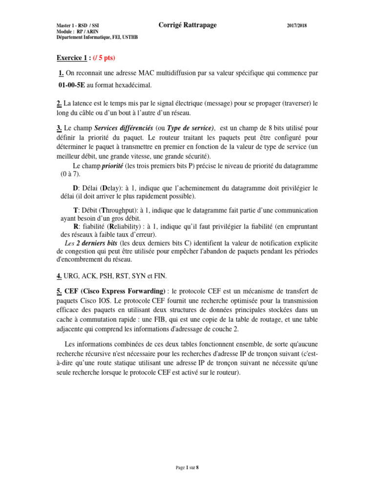 Corrigé Rattrapage Master 1 RSD/SSI 2018 | PDF | Adresse IP | Routage