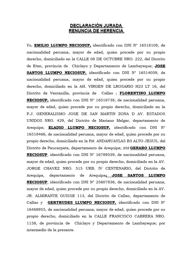 Renuncia de Herencia por Declaración Jurada | PDF