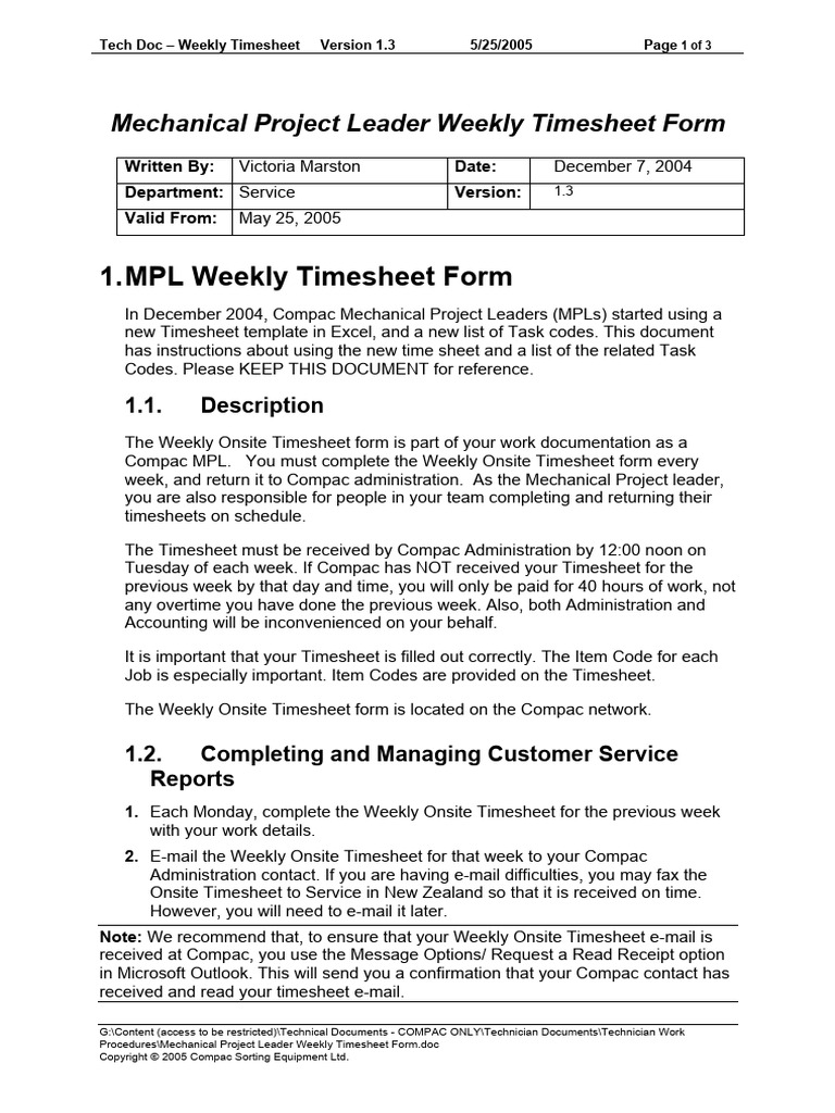 Mechanical Project Leader Weekly Timesheet Form | PDF | Computing