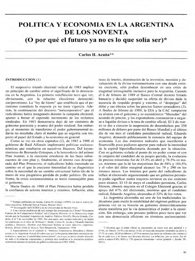 Acuña. Política y Economía en La Argentina de Los 90 o Por Qué El ...