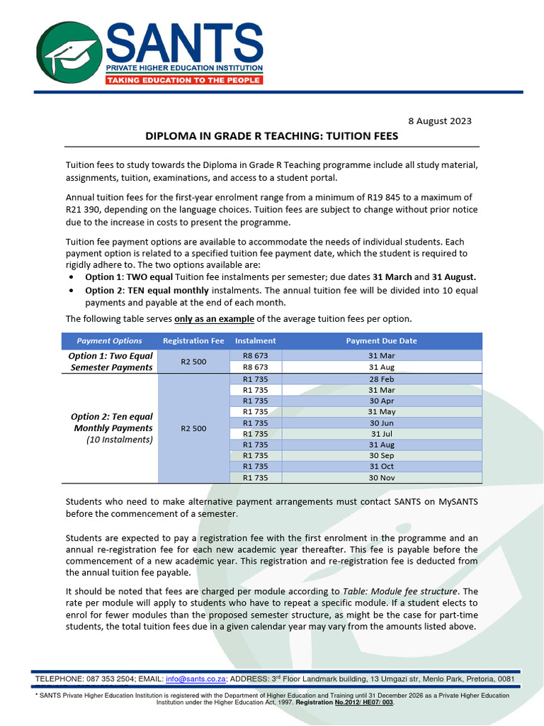 SANTS Diploma in Grade R Fees 2024 | PDF | Fee | Tuition Payments