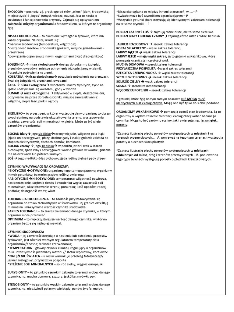Ekologia Powtórzenie Klasa 8 EKOLOGIA | PDF