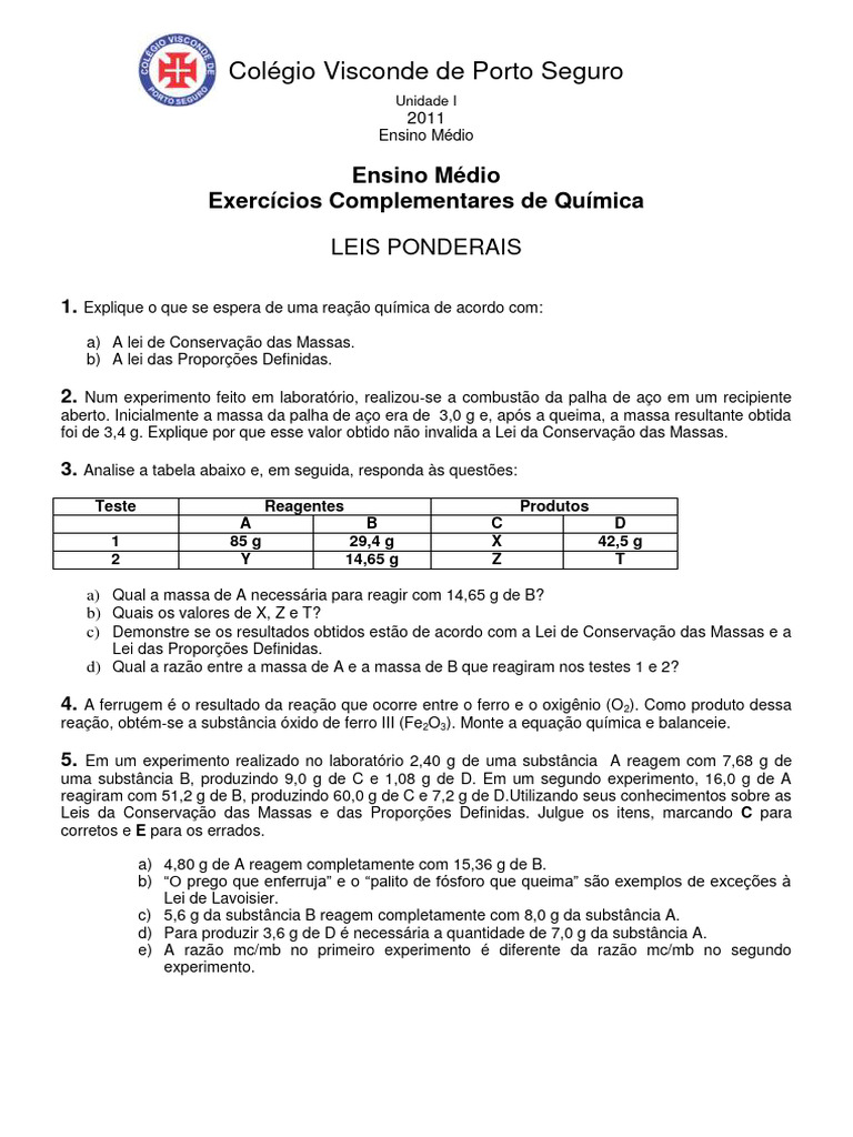 Exercícios sobre Leis Ponderais em Química | PDF | Reações químicas ...