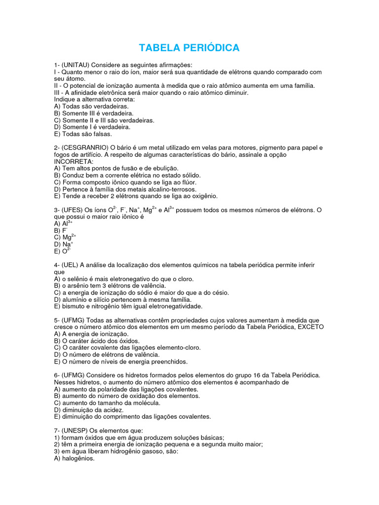 Questões sobre Tabela Periódica e Propriedades Químicas | PDF | Tabela ...