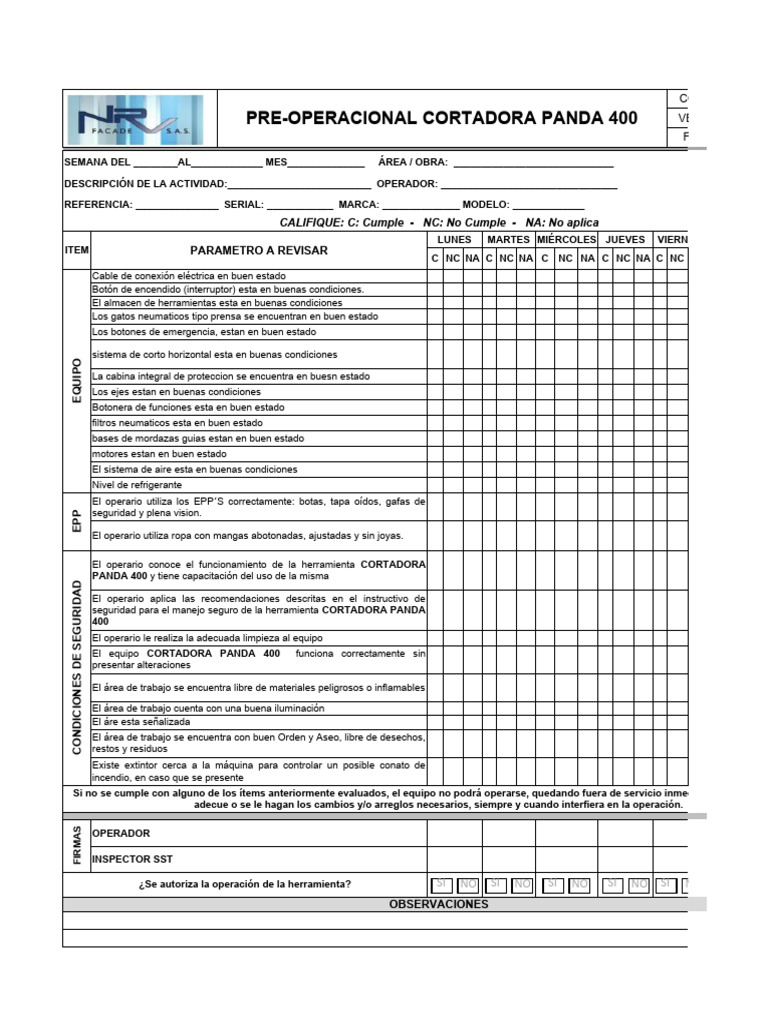 Formato Preoperacional Cortadora Panda Ts2 v1 | PDF