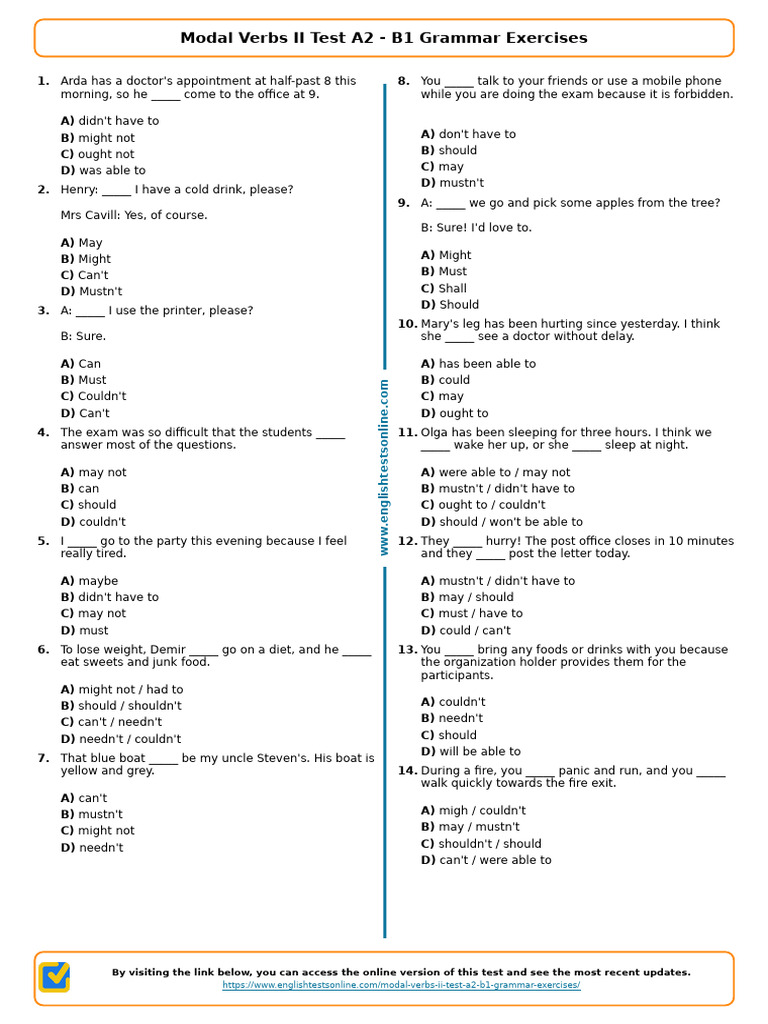 475 Modal Verbs Ii Test A2 B1 Grammar Exercises Pdf