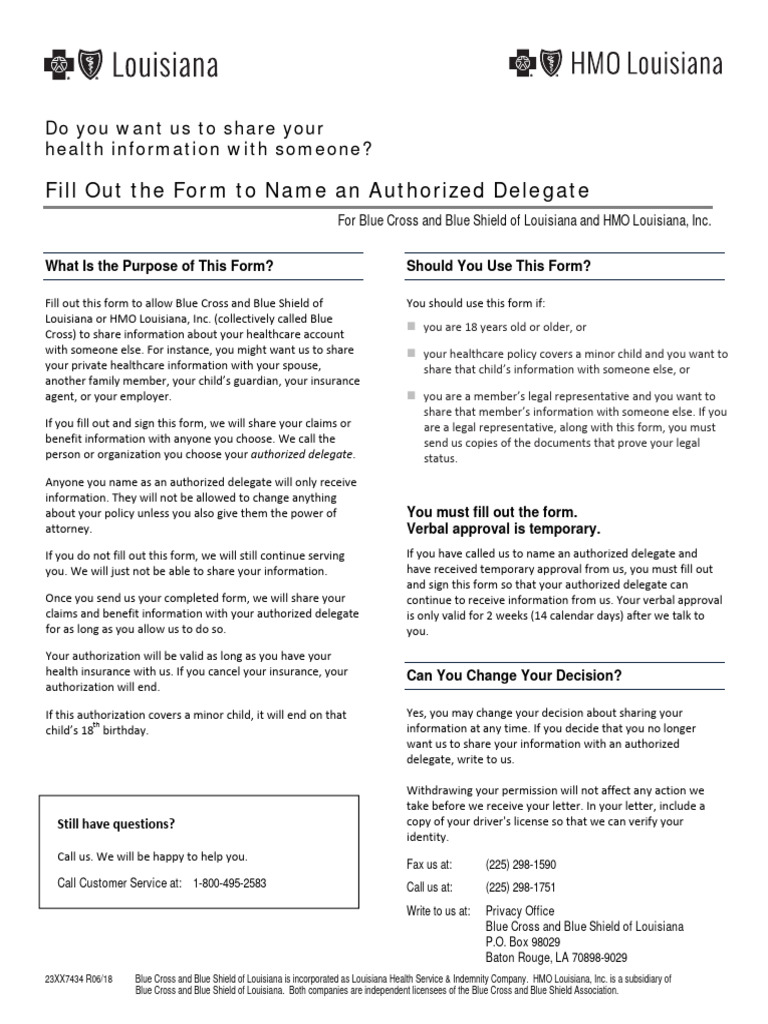 Authorized Delegate Form for BCBSLA | PDF | Blue Cross Blue Shield ...