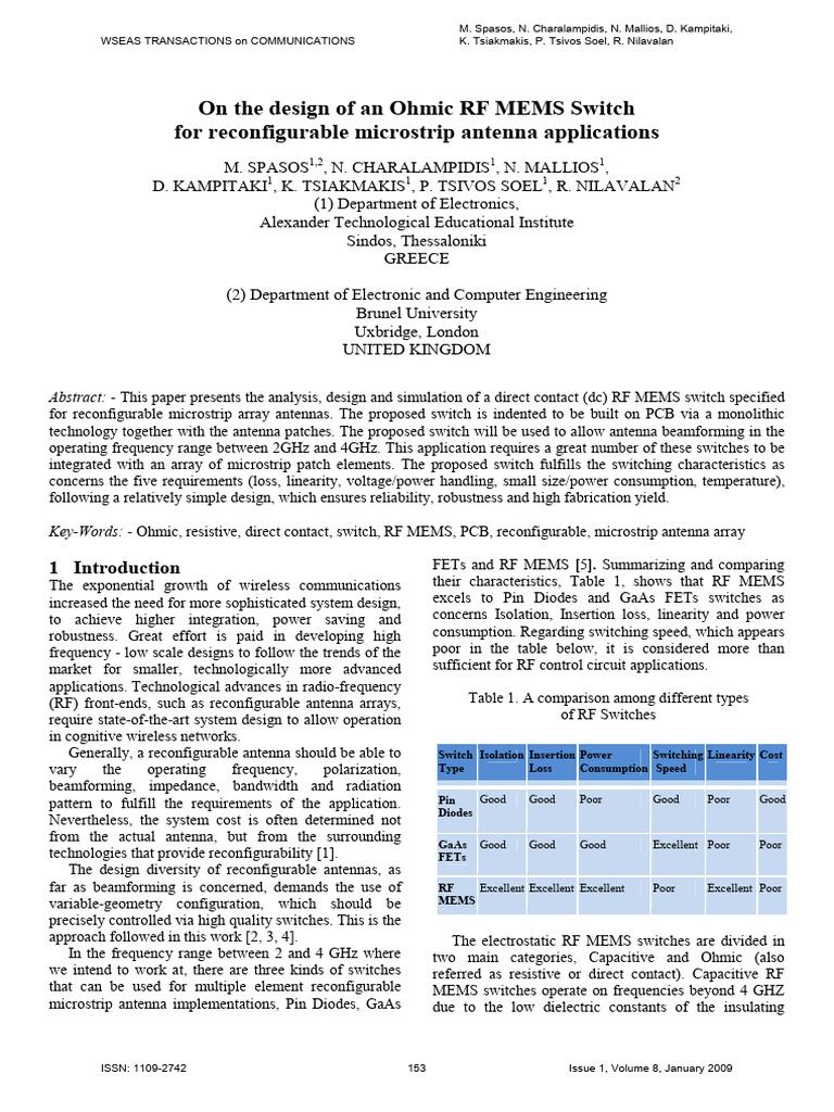 RF MEMS Switch Design for Antenna Arrays | PDF | Antenna (Radio ...