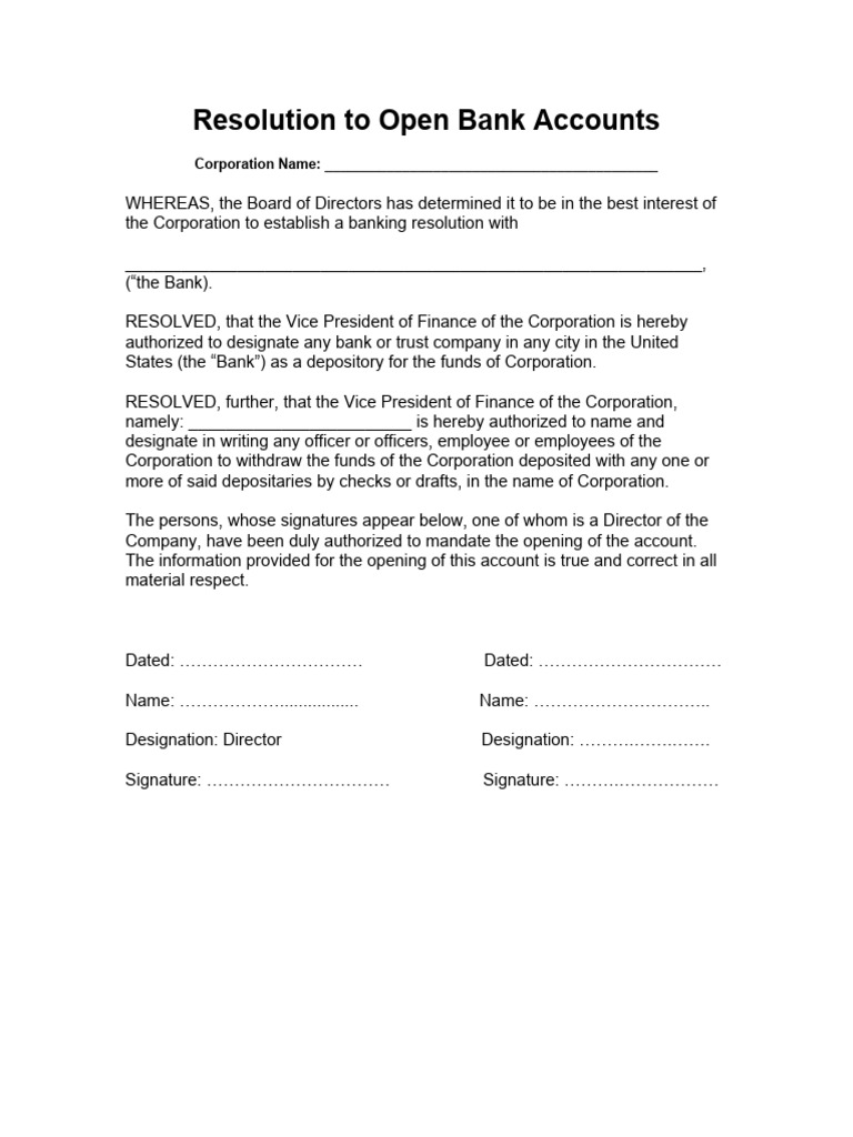 Banking Resolution for Corporation Accounts | PDF