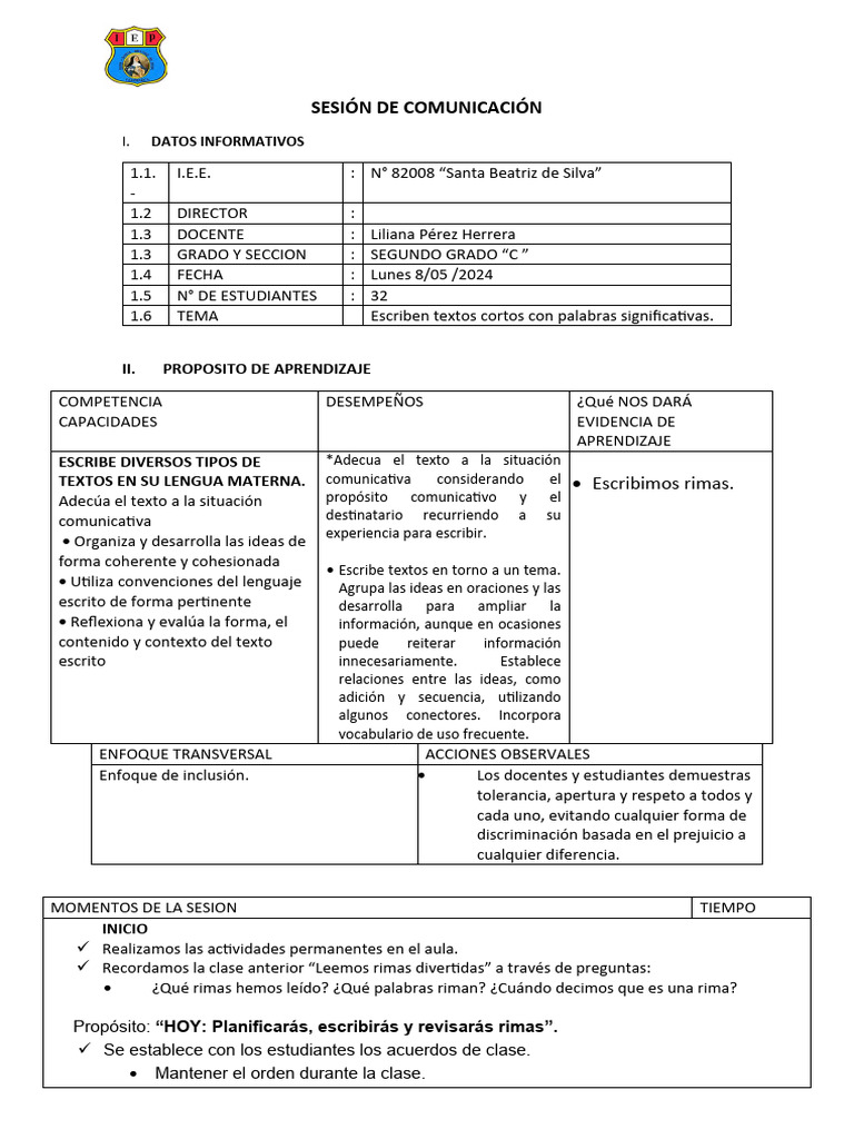 Sesion Escribimos Rimas Pdf Conceptos Psicologicos Modificación