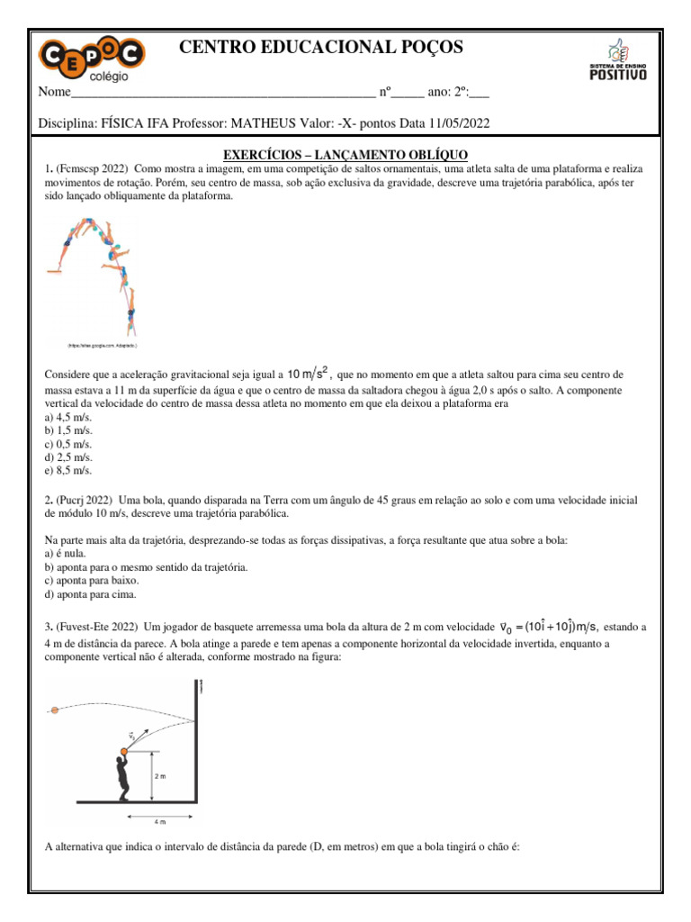 Exercícios sobre Lançamento Oblíquo | PDF | Trajetória | Gravidade