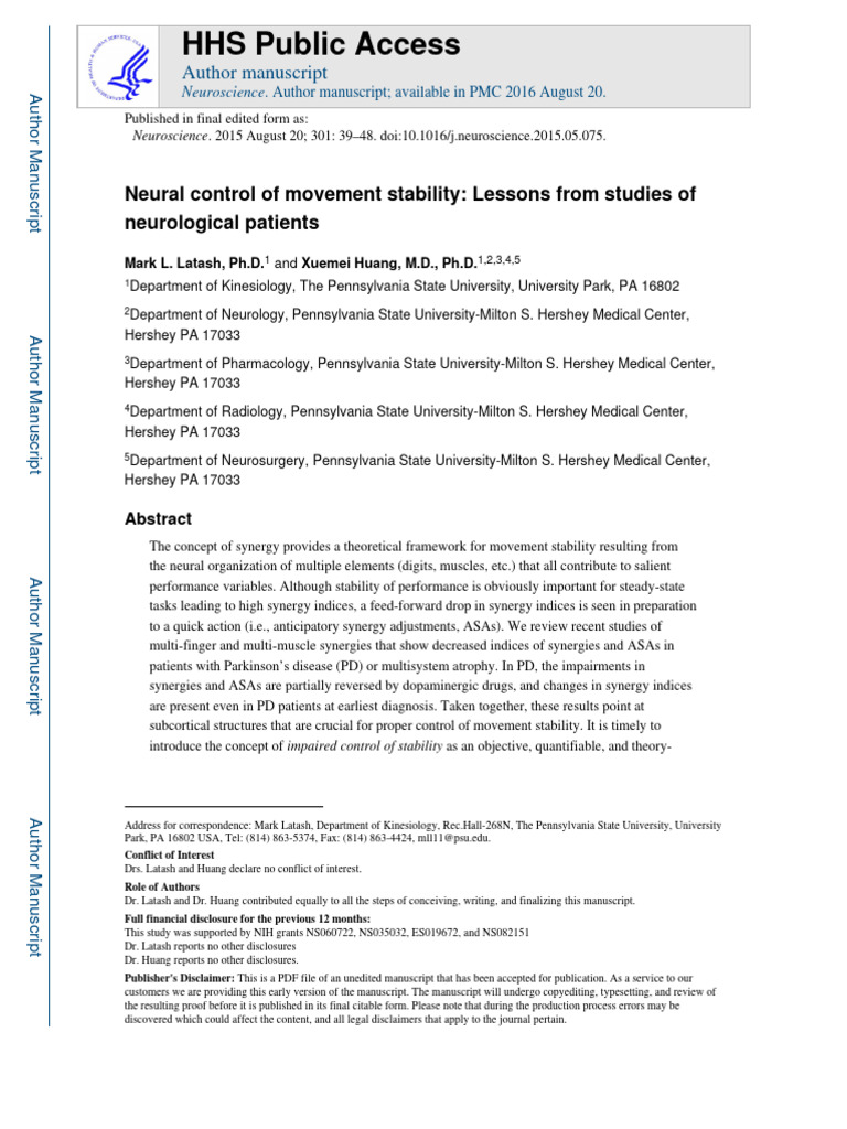 Latash, M., (2016) Neural Control of Movement Stability (Lessons From Studies of Neurological