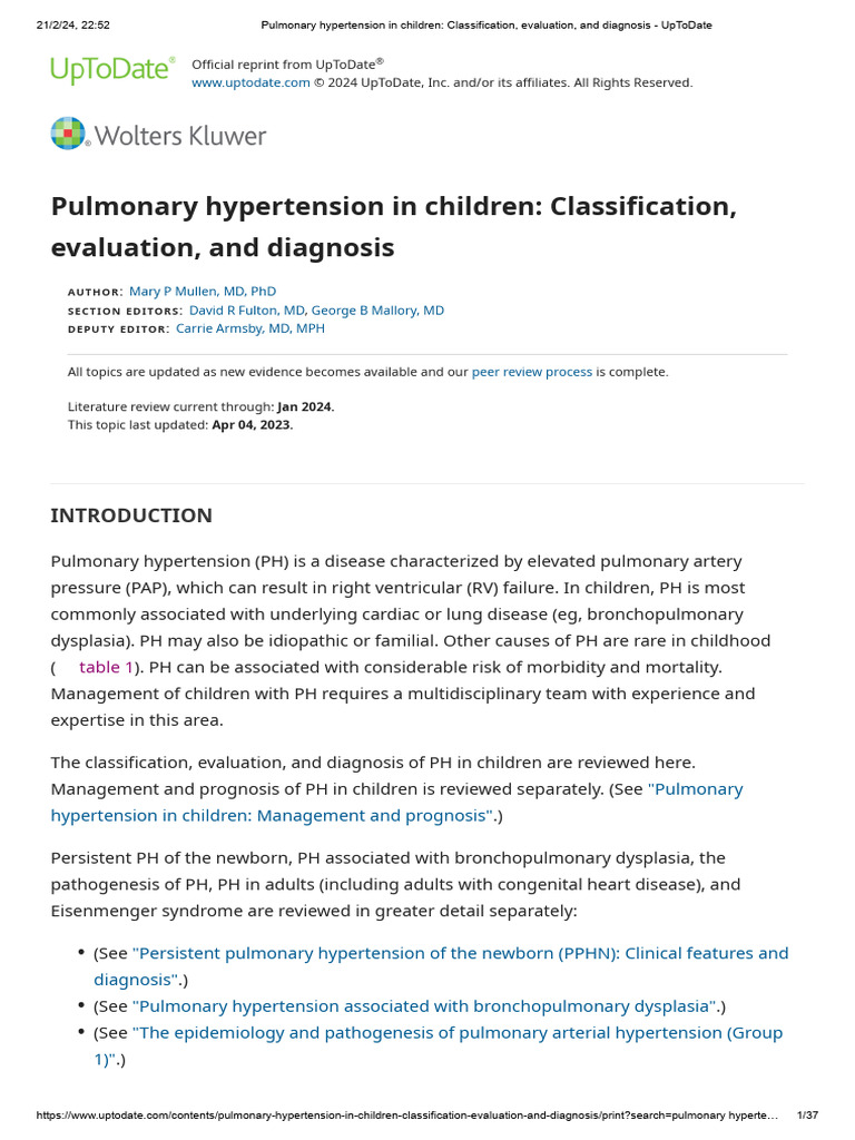 Pulmonary Hypertension in Children Classification, Evaluation, and