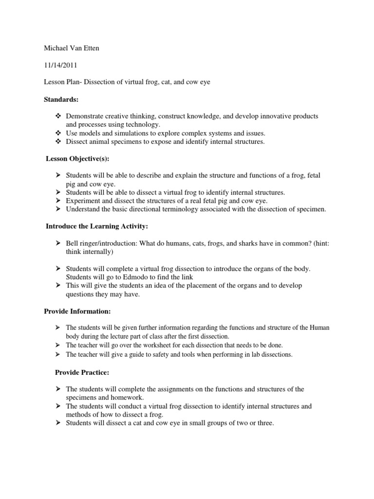 Animal Dissection Lesson Plan PDF Lesson Plan Homework