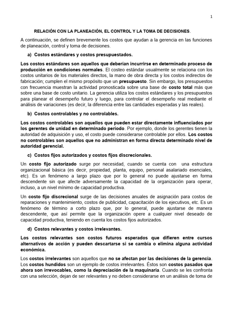 Costos en Planeación y Toma de Decisiones | PDF | Presupuesto | Costo